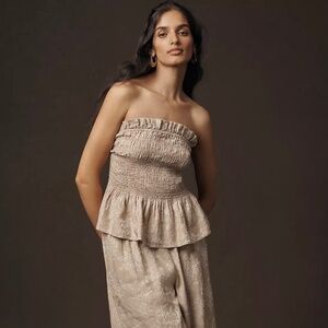 Anthropologie Linen Cotton Smocked Strapless Top